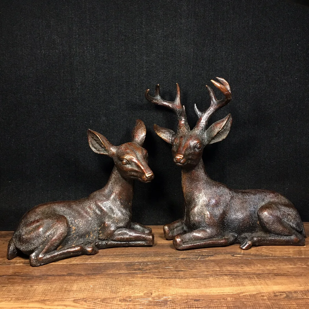 

11"Tibetan Temple Collection Old Bronze Cinnabar Patina Deer statue Lucky Deer a pair office ornament Town house Exorcism