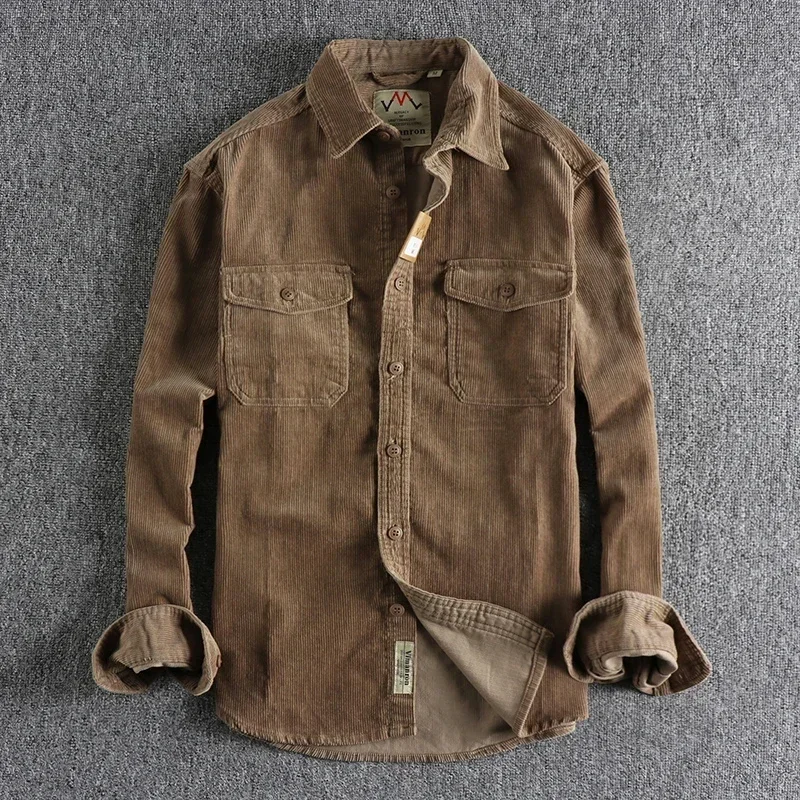 

Spring Fall Fashion Vintage Corduroy Thicken Shirt Men Long Sleeve Pockets Cargo Coats Simple Casual Loose Versatile Jacket Tops