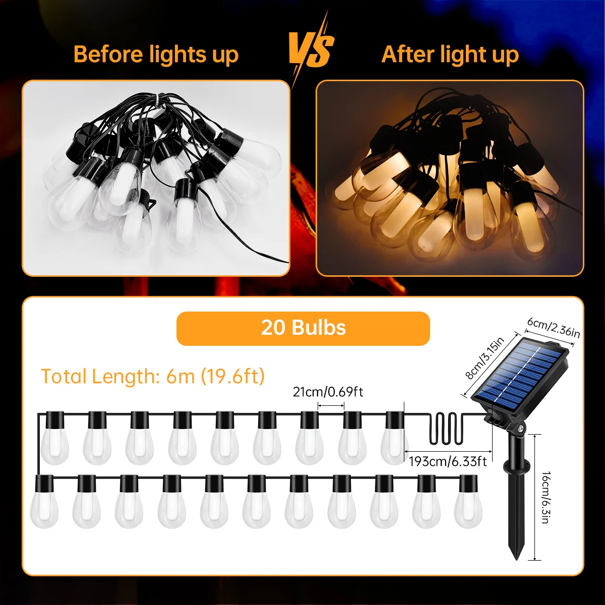 Solar Outdoor String Lights USB Charge Waterproof S14 Edison Led Bulbs Shatterproof Solar Hanging Light With 8/35 Modes Remote 3