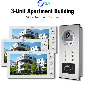 3 Unit Multi Apartments Intercom Video Doorbell with RFID Card Unlock 7inch 4Wired Video Door Phone System