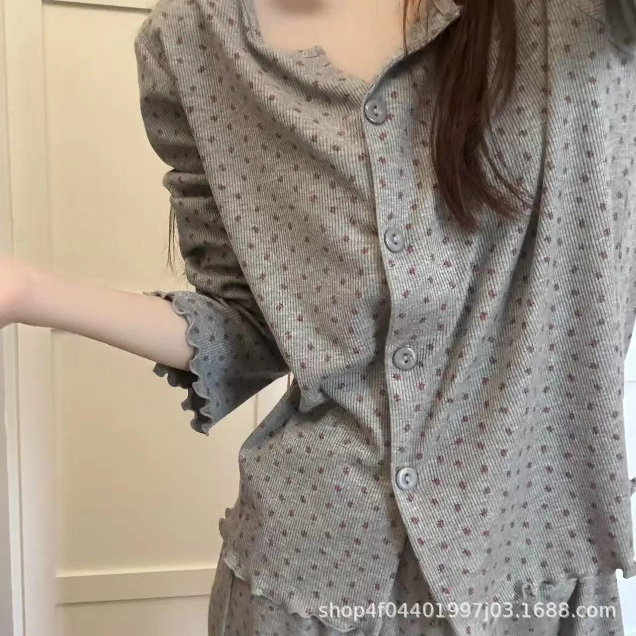 ملابس نوم نسائية مطبوعة بعقدة على شكل فراشة على الطراز الكوري الحلو، مجموعة ملابس منزلية بأكمام طويلة مريحة تسمح بمرور الهواء...