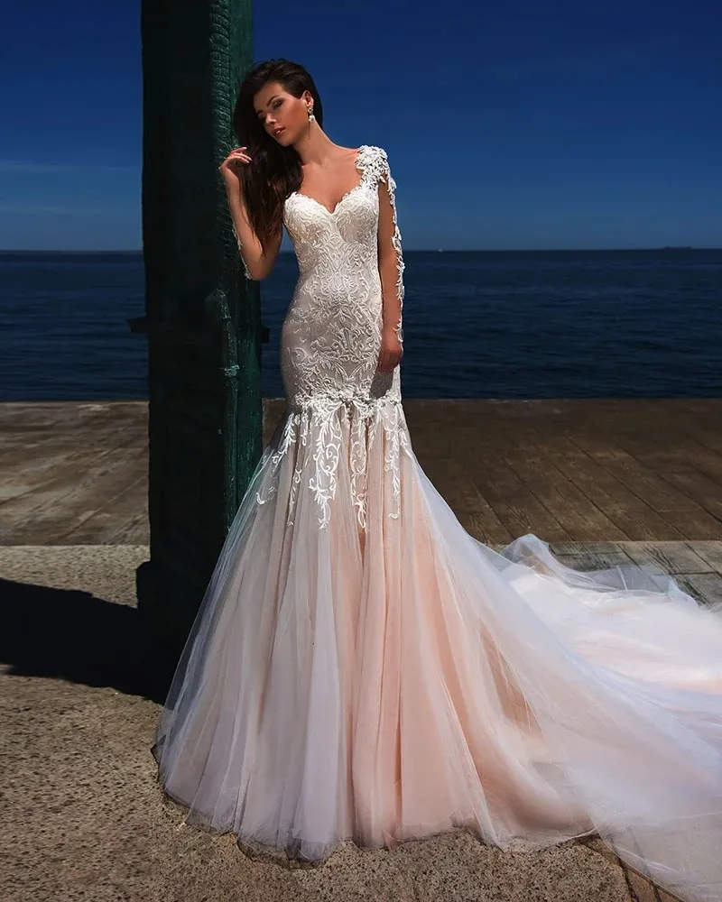 

Elegant O-neck Mermaid Wedding Dress Illusion Back Appliques Long Sleeves Beach Bridal Gown Princess Robe De Mariee