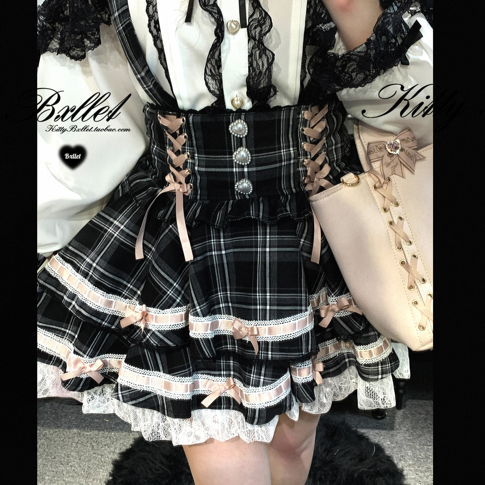Japanese Mine Style Sweet Versatile Suspender Skirts Lace Splicing Flying Sleeve Bow Heart Button High Waist Plaid Skirt Women