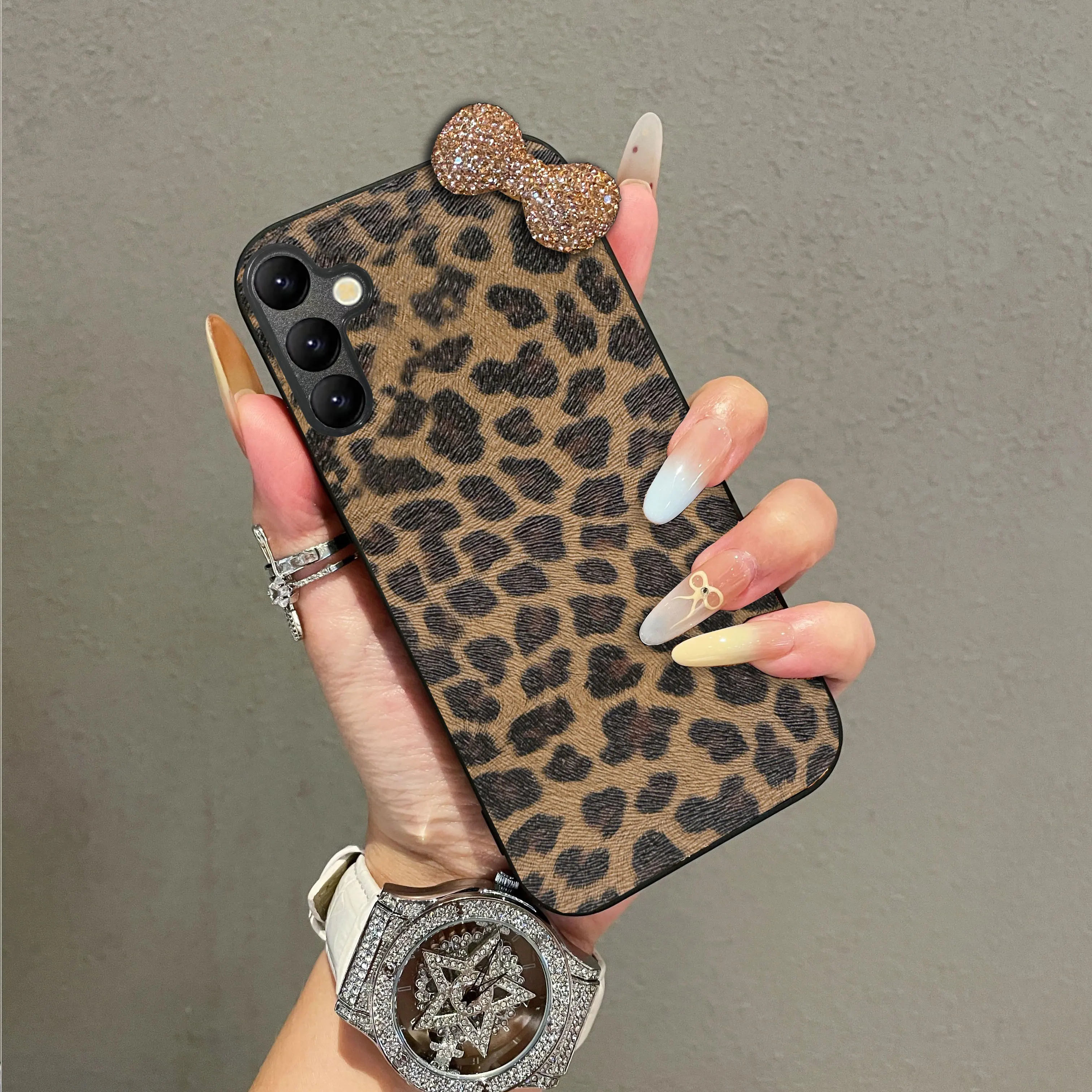 Luxury Leopard Leather 3D Diamond Bowknot Bling Phone Case Cover