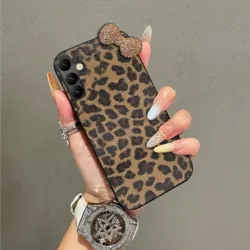 Luxury Leopard Leather 3D Diamond Bowknot Bling Phone Case Cover - S26 FE (Dark Brown)