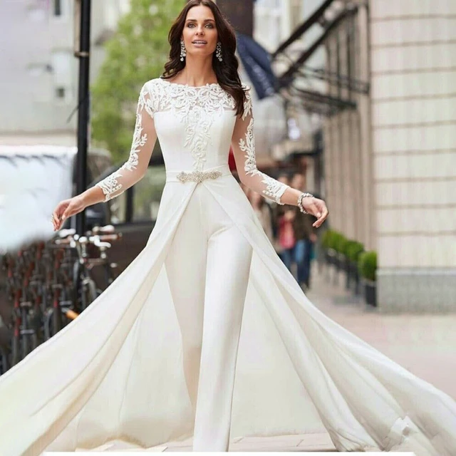 Luxury Pearls Jumpsuit Dressy Jumpsuit For Wedding 2023 Elegant Satin Pant,  Boho Beach Gown With Train, Long Sleeves, And Western Inspired Style  Vestido Novia Church Bridal Dress From Bridalstore, $130.98 | DHgate.Com