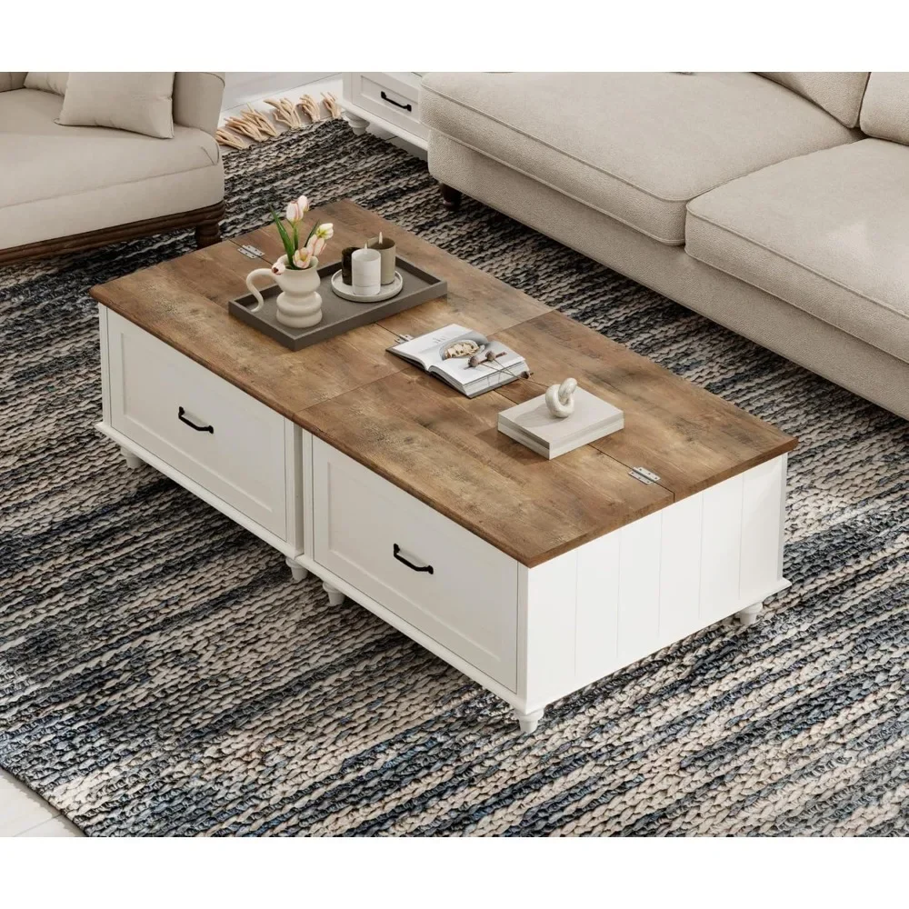 Farmhouse coffee table, square with adjustable top and living room drawers, wooden center table for home and office 3