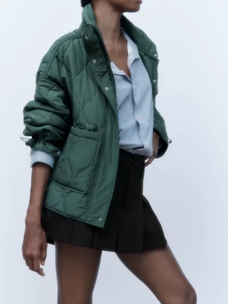 Vintage Quilted Jacket Cotton Coat Women Outerwear Y2k Autumn Winter Jacket Long Sleeve Pocket Streetwear Casual Loose Crop Tops