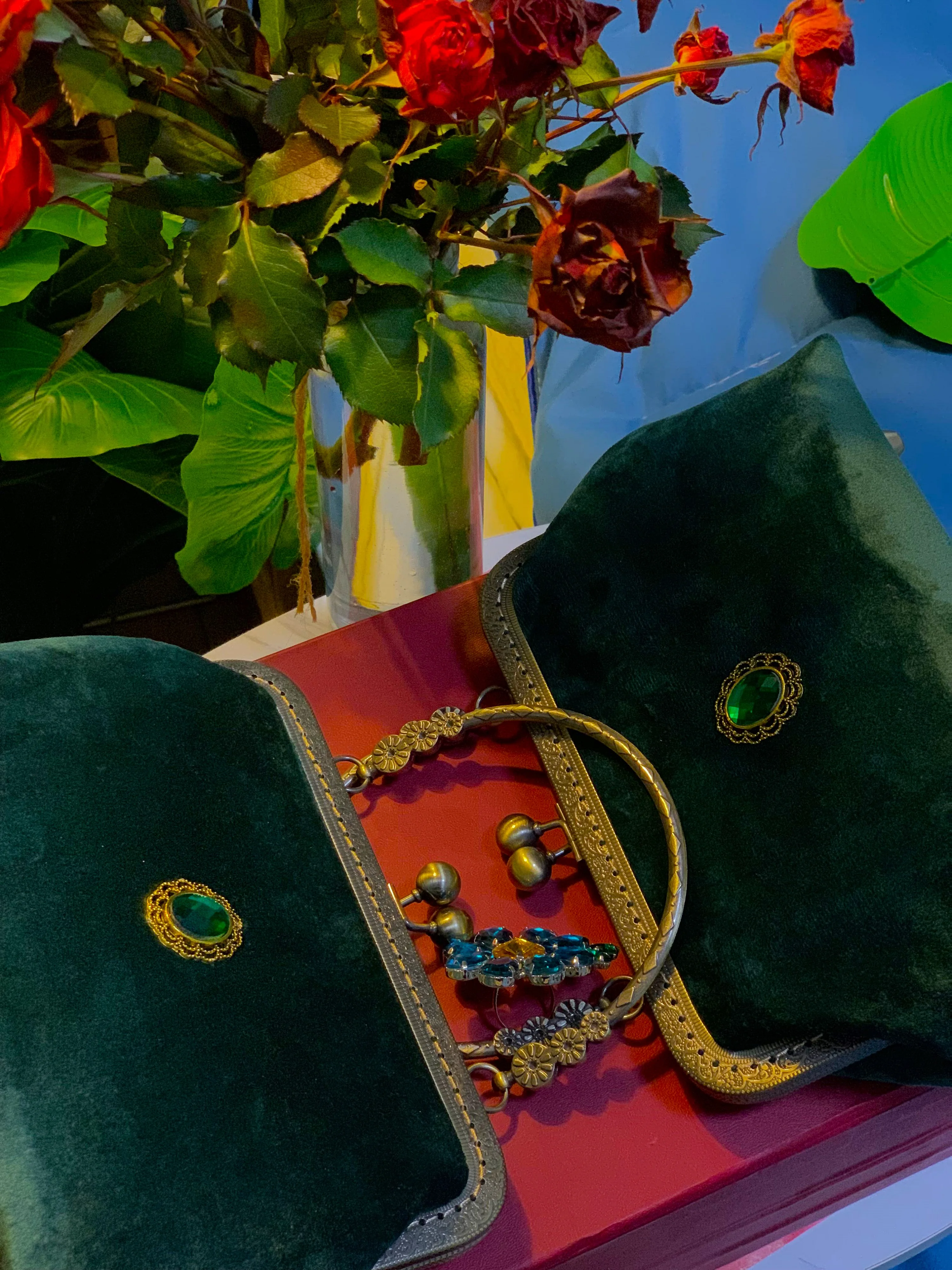 Lost in Vinatge Petrol Green Velvet Clasp Clutch Beset with