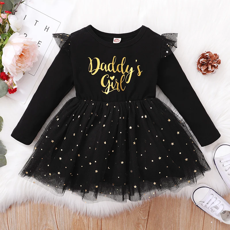 Baby Girl Dress 3-24 Months Toddler Clothing Letter Print Long Sleeve Mesh Dress Newborn Baby Girl Outfit Princess girls dress baby girl dress