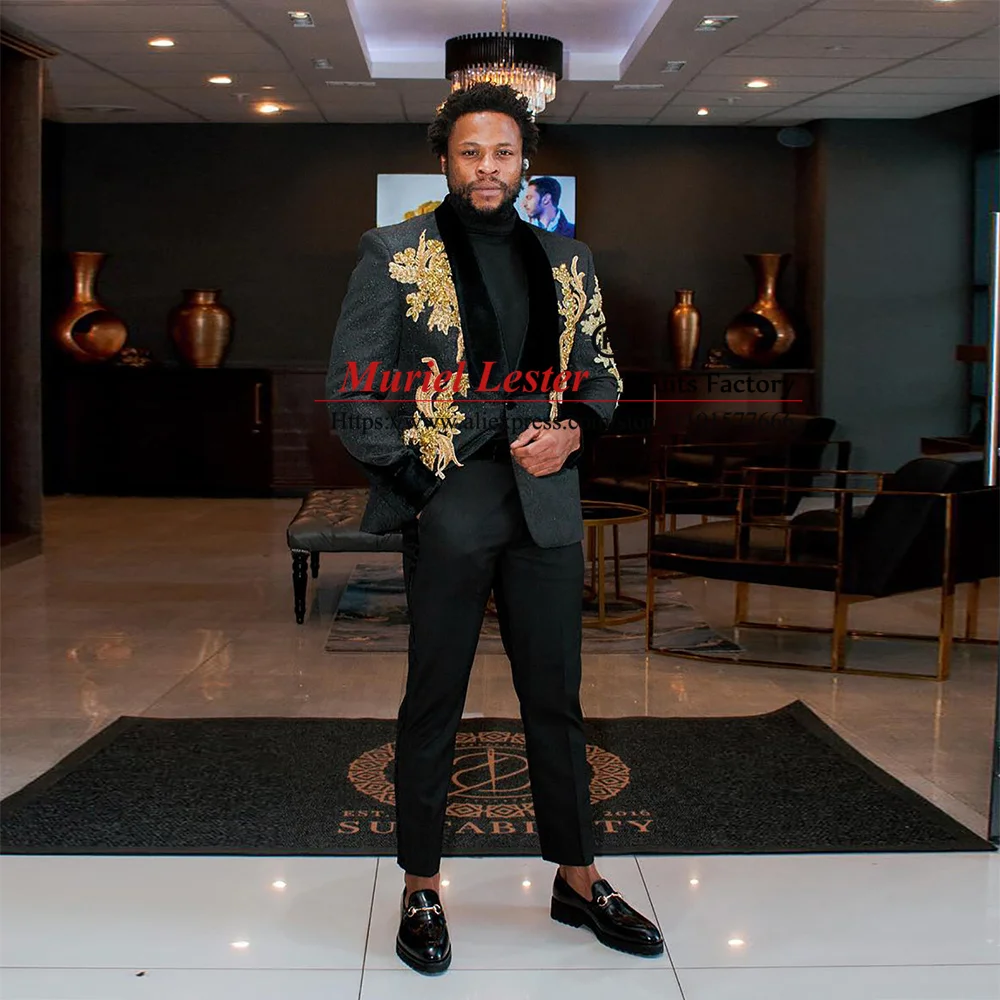 

Костюм для жениха, свадебные костюмы для мужчин, блестящий золотистый блейзер с аппликацией, Блейзер, смокинг Tailore, 2 предмета, официальный пиджак и брюки