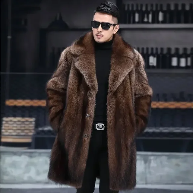 Mink Mink Coat Men's Autumn and Winter New Thick Mid-Length Padded Fur Parkas Large Size Men's High-end Casual Button Jacket 3