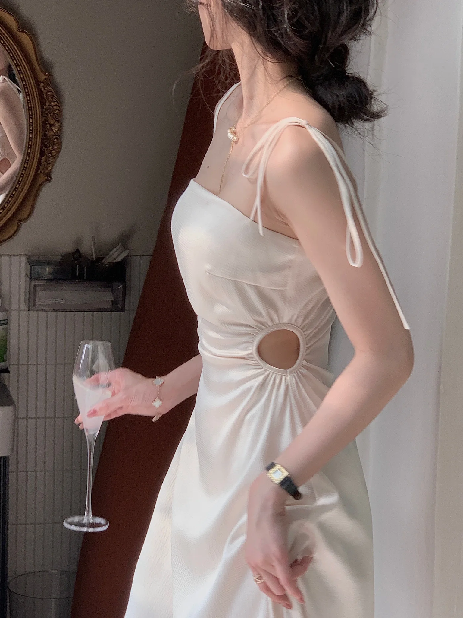 Summer Women Spaghetti Strap Elegant Midi Satin Dresses Wedding Evening Birthday Holiday Backless Prom Clothes New