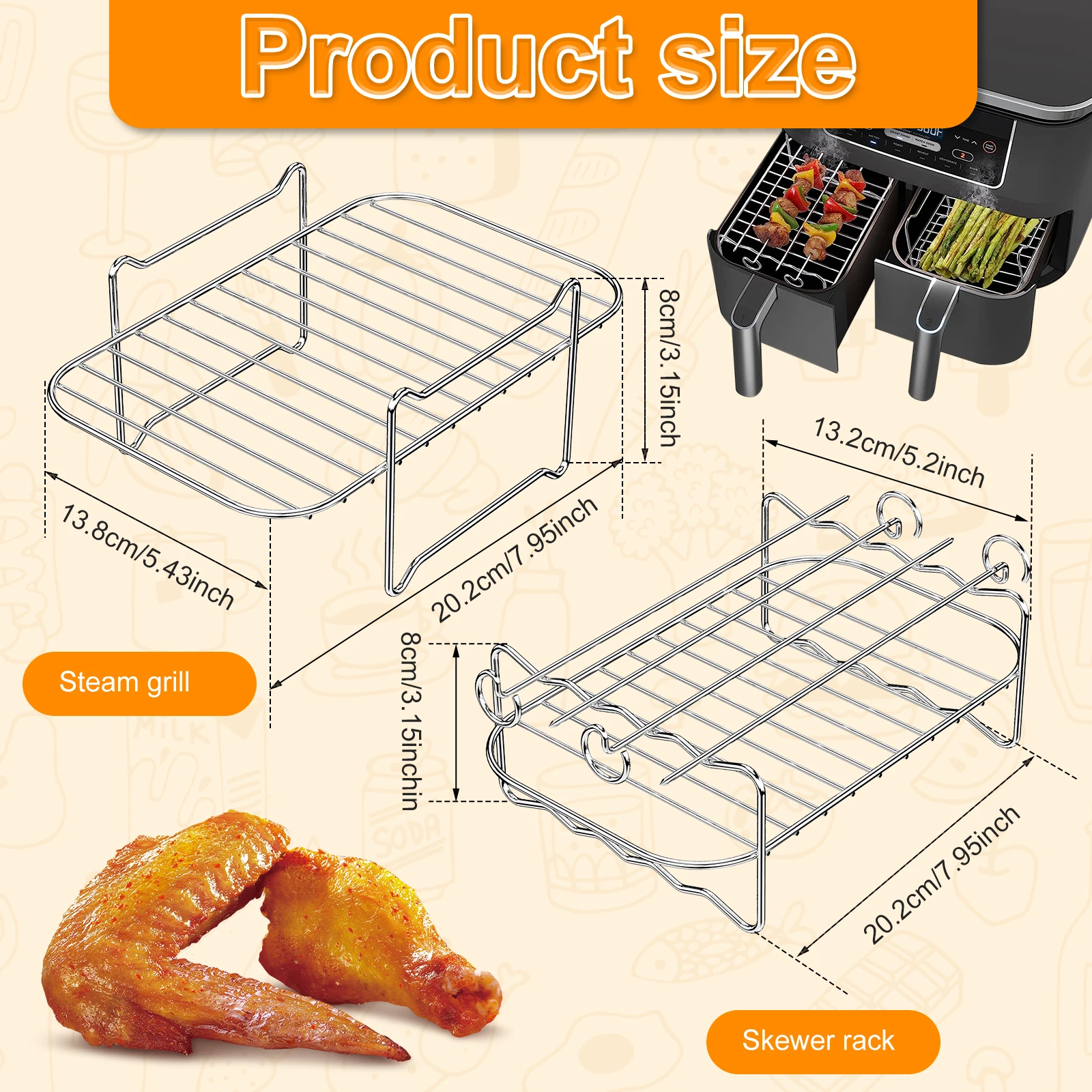 2Pcs Air Fryer Rack with 4 Barbecue Sticks for Double Basket Air Fryers 304 Stainless Steel Grilling Rack Air Fryer Accessories