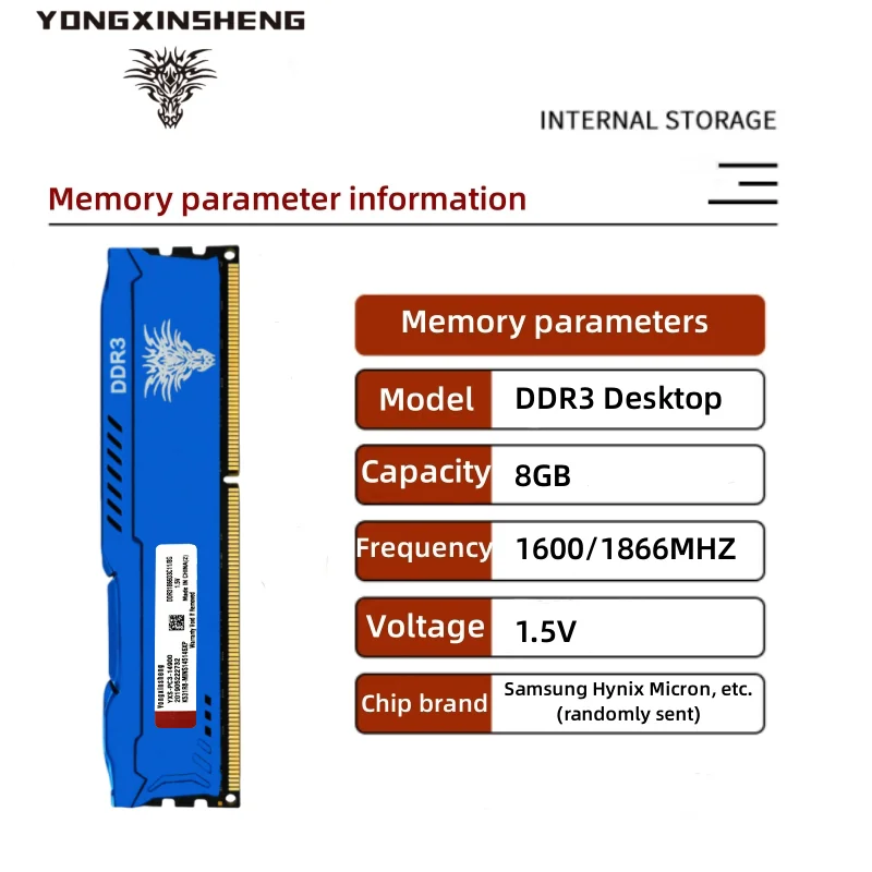 Desktop RAM Memory Blue DDR3 RAM 8GB 1600MHZ 1866MHZ 240Pin CL11 DIMMPC3-12800 PC Desktop RAM Memory 1.5V Computer parts