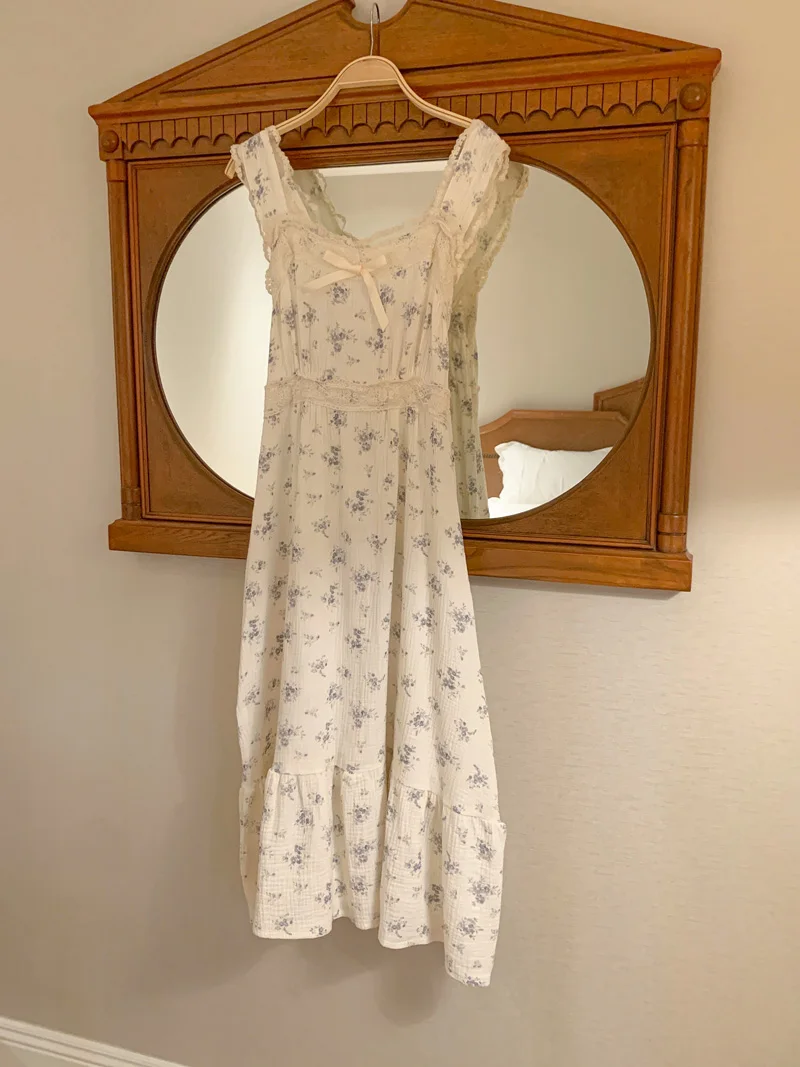 Strapless Sling Summer Night Dress Women Sexy Lace Crochet Long Nightgown Soft Cotton Sleepwear Elegant Kawaii Flowers Print