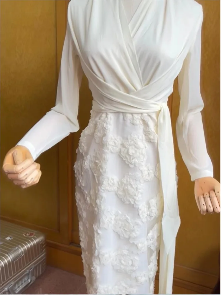 Women Elegant Flowers Bandage One-piece Dresses Spring Long Sleeve Patchwork Luxury Party Vestido Office Lady Clothing
