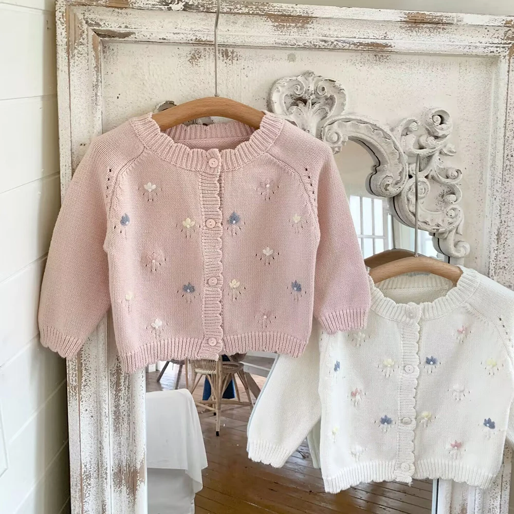 

1-4Years Baby Cardigans Autumn Winter Girls Knitting Sweater with Flowers Soft Cozy Kids Long Sleeve Coat Children Outwears