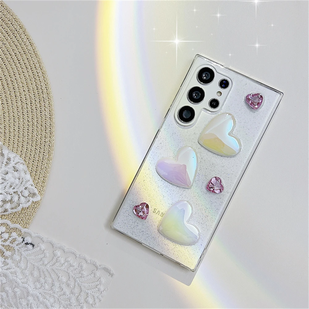 Coque de téléphone transparente avec cœur diamant 3d et perles_voghion.com