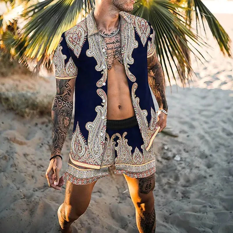 Men's Hawaiian Printed Set Casual Streetwear Button Down Short Sleeve Shirt&Beach Shorts Set for Men 2022 Summer Two-piece S-3XL mens 2 piece set