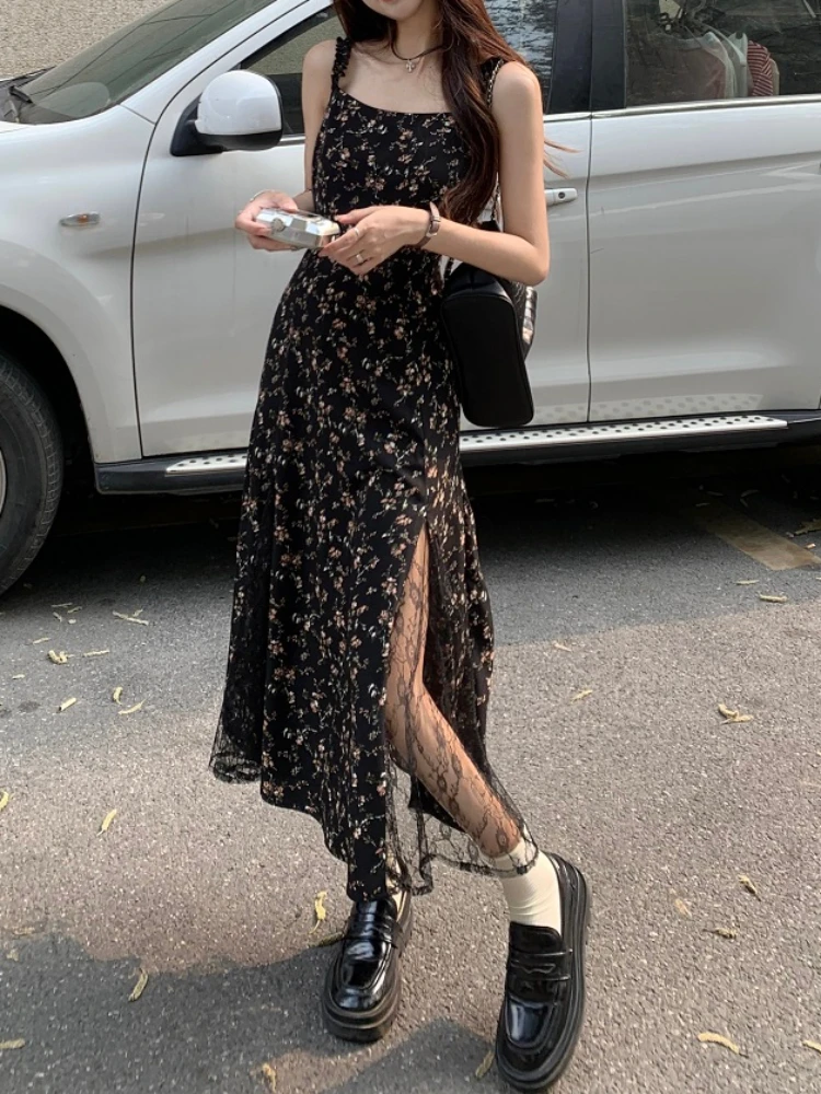 

Women's vintage black floral dress, Korean style knit, irregular, split, one-piece slide, chiffon long, Fairy dress, Summer, Y2k
