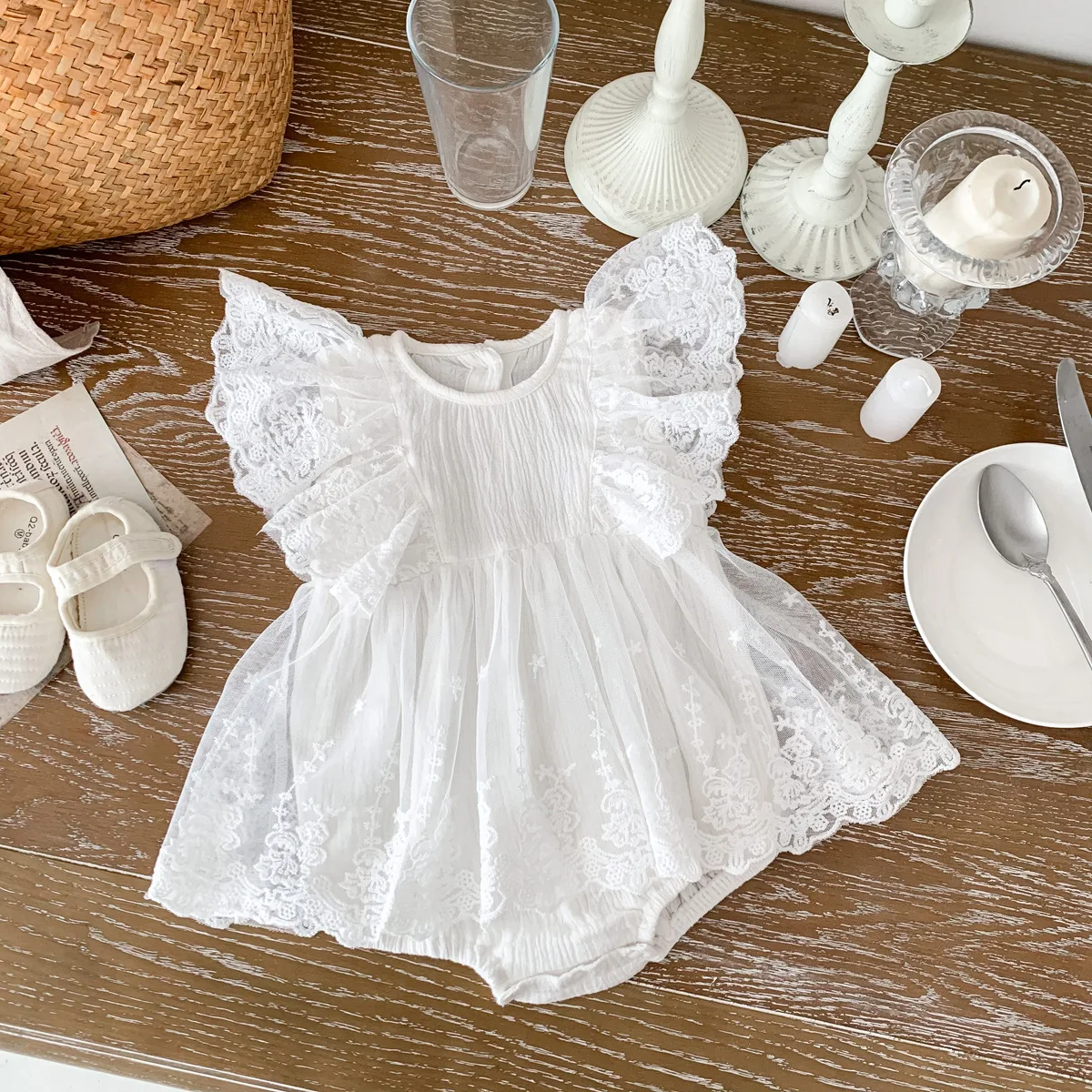 2025 Summer Baby Girls Romper Cotton Lace Ruffle Embroidery Flying Sleeve Mesh Princess Toddler Girl Dress Infant Girls Bodysuit 4