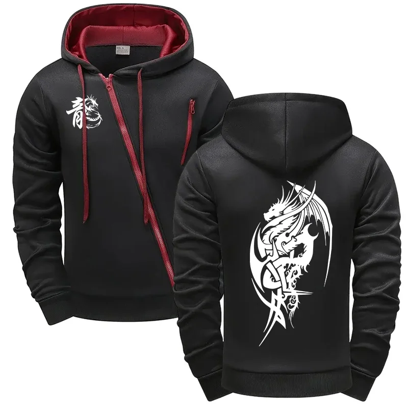 Men Dragon Printed Hoodie Jacket Casual Sports Riding Coat