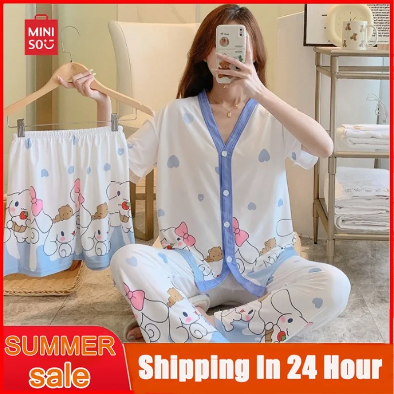 

Набор одежды для сна Miniso в стиле аниме Cinnamoroll Y2K, Женская милая домашняя одежда для девушек, женская летняя Свободная Повседневная Пижама с милыми рисунками из мультфильмов, комплект с брюками