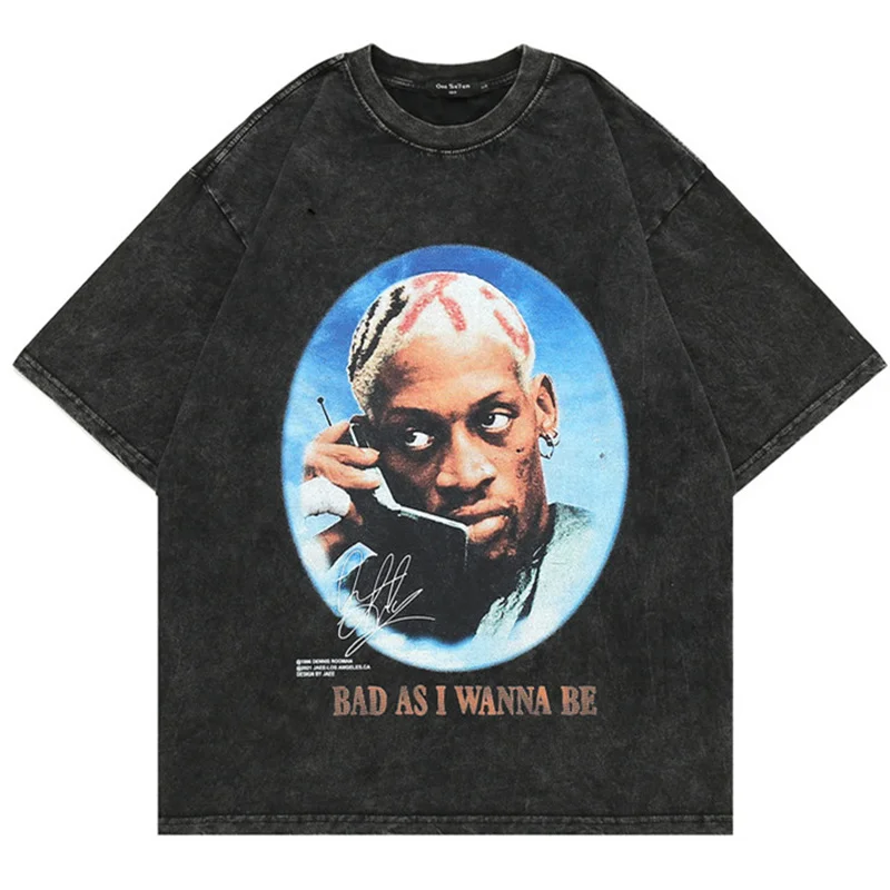 

Hip Hop Washed T Shirt Men Streetwear Dennis Rodman Printed Vintage Cotton T-shirts 2023 Punk Oversized Short Sleeve Loose Tees