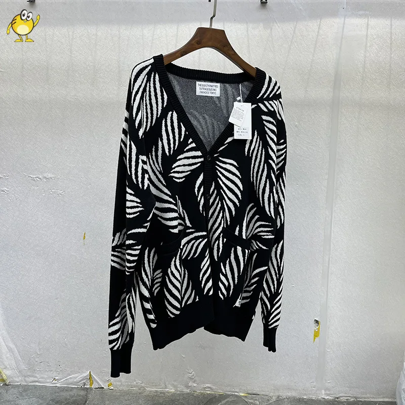 New Cardigan WACKO MARIA Knitting V-Neck Buttons Sweater Men Woman Streetwear Oversized White Green Coffee Sweatshirts