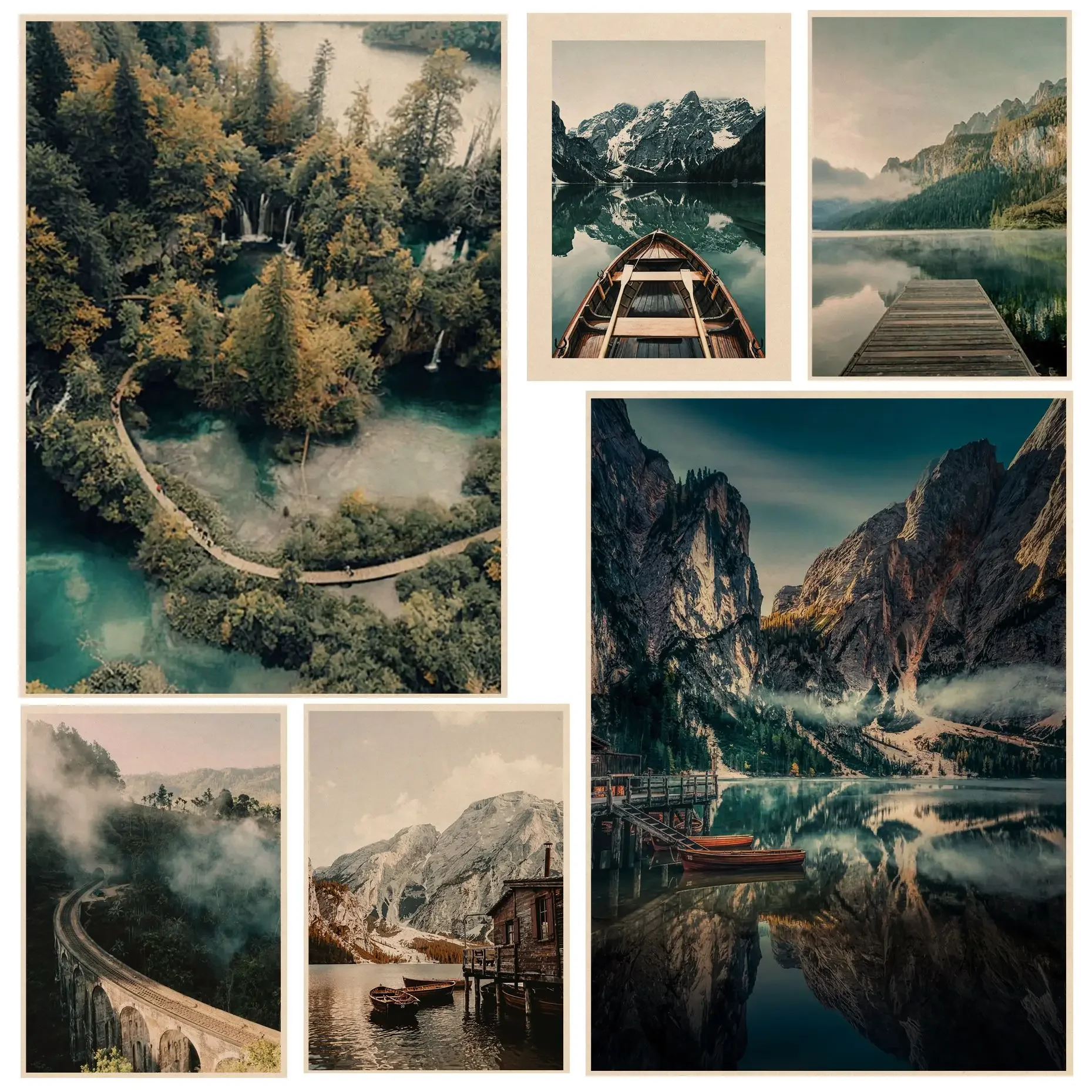 

Nature Landscape Mountain Lake Boat DIY Poster Kraft Paper Sticker DIY Room Bar Cafe Aesthetic Art Wall Painting