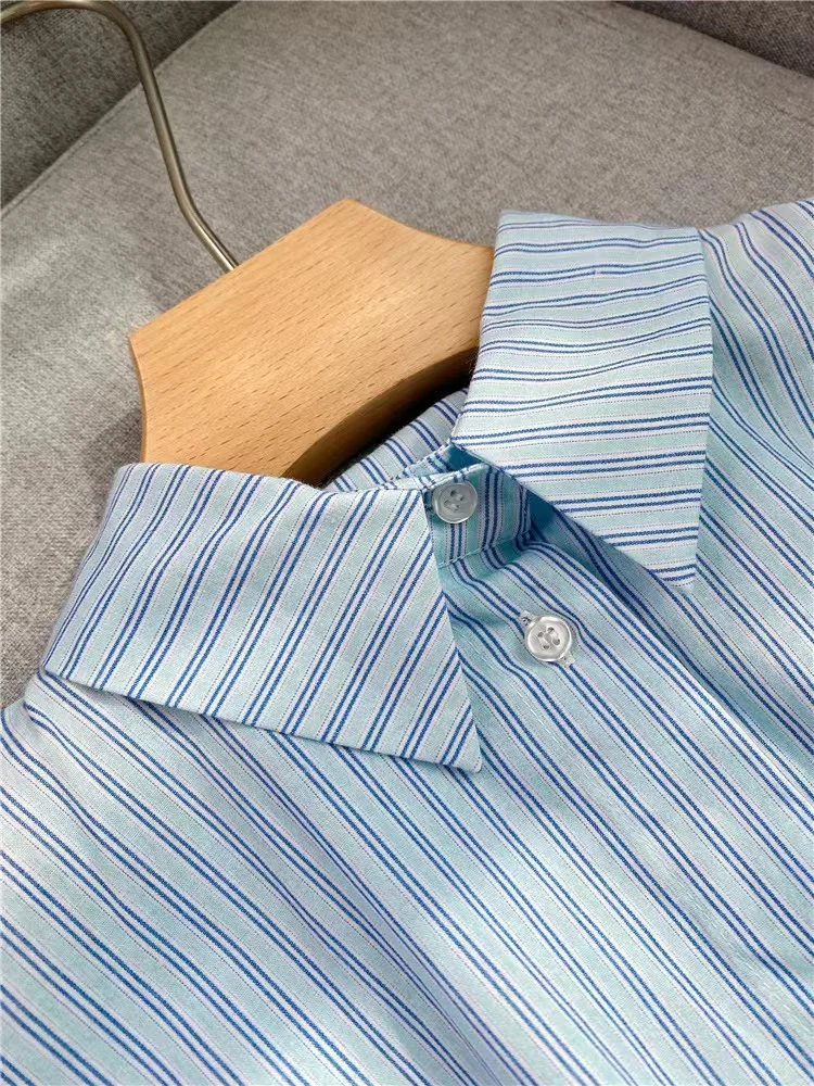 

Summer New Fashion Cotton Polo Collar Dress Women Casual Blue Stripe Puff Sleeve Elastic Waist Skirt Ladies High Quality Robe