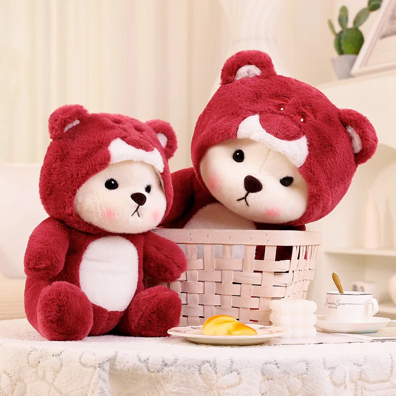 Cosplay Kawaii Teddy Bear Toys To Strawberry Bear Stuffed Soft Fluffy Bear Dressing Pink Plushie for Kids Girls Birthday Gifts