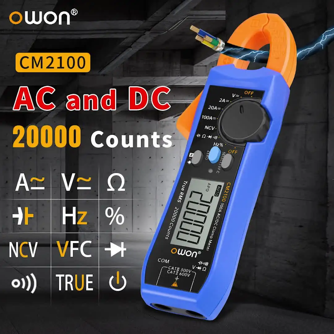 OWON CM210E Pinza Amperometrica Digitale True RMS 100A AC/DC, Multimetro Con Capacità E Diodo