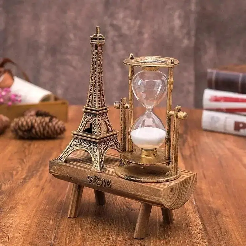 Creative Retro Iron Tower Hourglass Ornaments Simple Modern Home Study Wooden Pendulum Clock Hourglass Ornaments Home Supplies