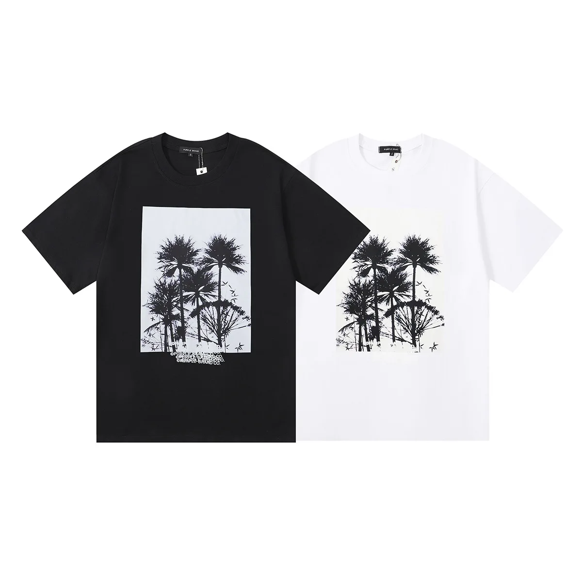 

2024 Summer New Street Fashion Brand Purple Brand Palm Tree Print Pure Cotton Casual Men's and Women's T-shirts