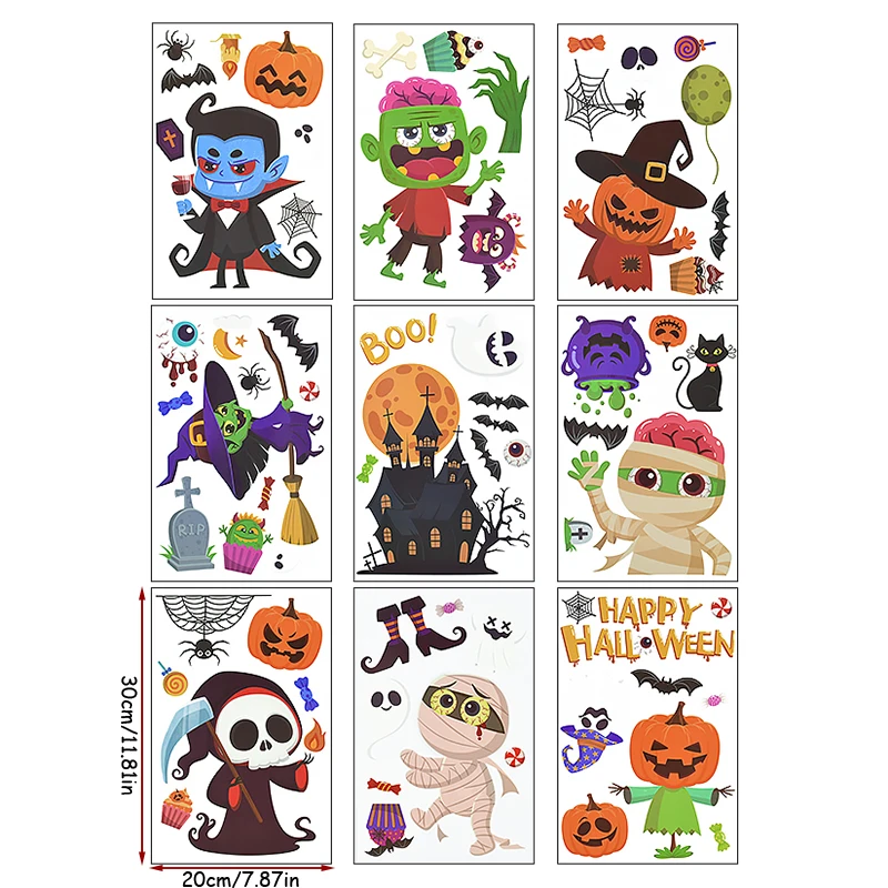 9Pcs Halloween Wall Stickers Cartoon Witch Pumpkin Mummy Waterproof Window Stickers For Halloween Party Home Bar Wall Decal