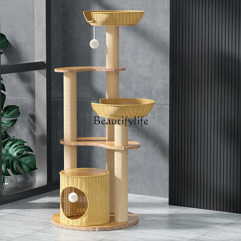 

Small Apartment Rattan Woven More than Cat Climbing Frame Children Do Not Cover Sisal Solid Wood Summer Cat Tree Integrated