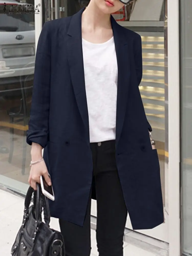 ZANZEA Fashion Women Long Sleeve Blazer Casual Solid Lapel Coat Oversized Cotton Linen Jackets 2023 Spring Autumn Loose Outwears