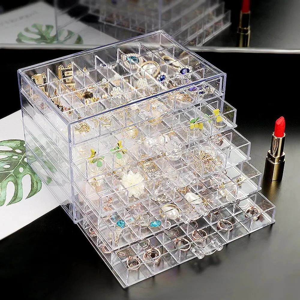 Earring Jewelry Box Acrylic Jewelry Storage Box Women's Ring Jewelry Display Box with 5 Drawers and 120 Small Compartment Trays