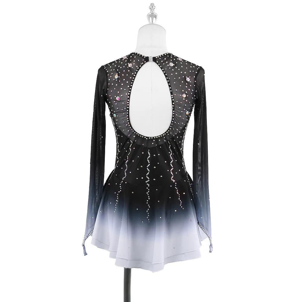 ZAGITOVA Figure Skating Dress For Women And Girls Long Sleeved Ice Skating Clothes Black And White Gradient With Rhinestones
