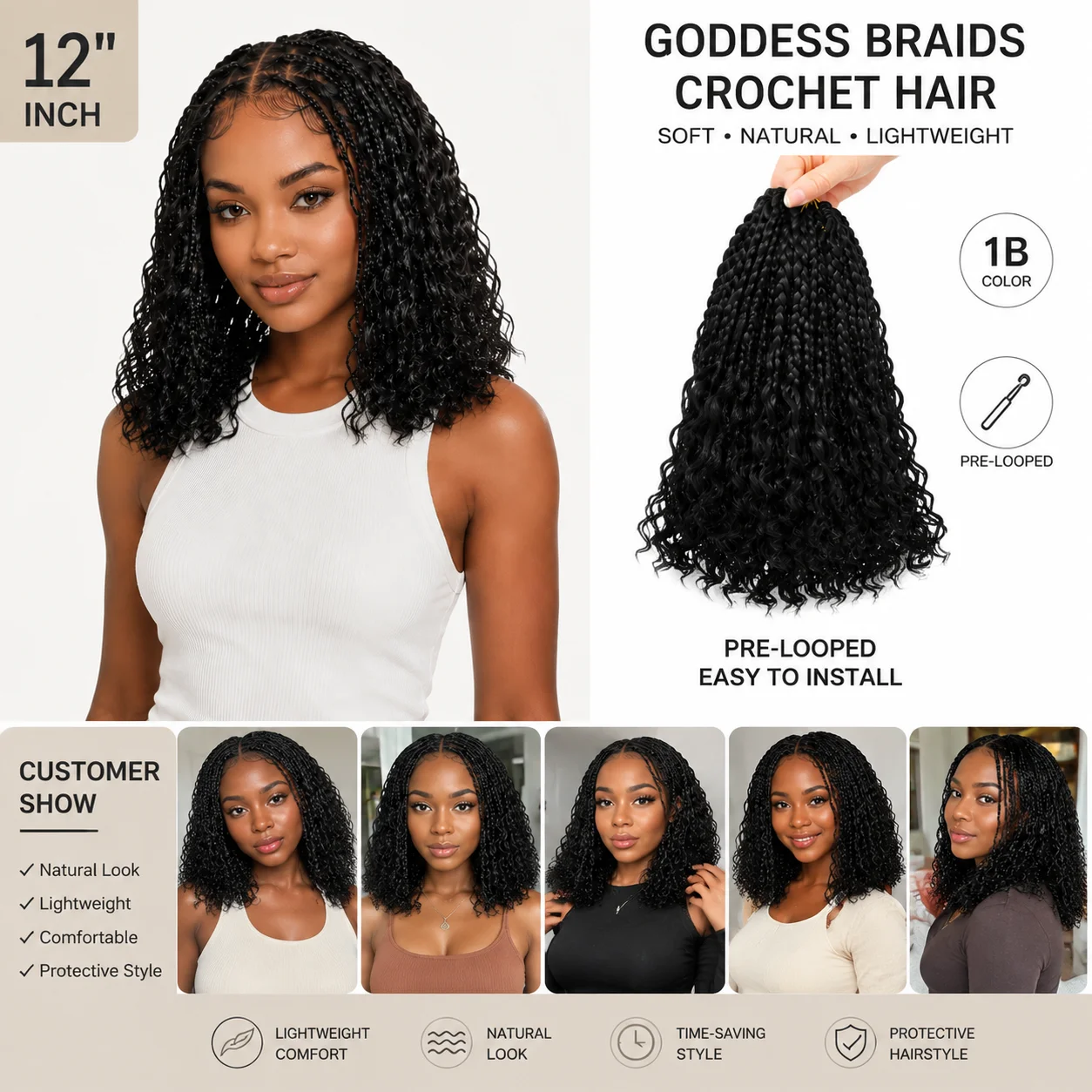 Boho Goddess Box Braids 12 Crochet Hair with Curly Ends - Synthetic Knotless Extensions