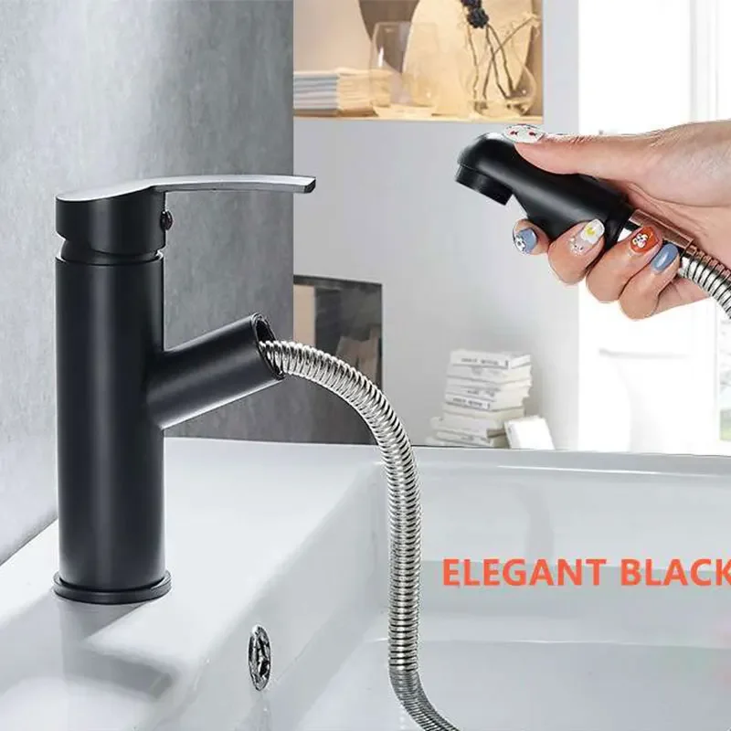 

Black Chrome Bathroom Kitchen Basin Mixer Faucet Pull Out Spray Sink Tap Hot And Cold Water Crane Deck Mount Faucets