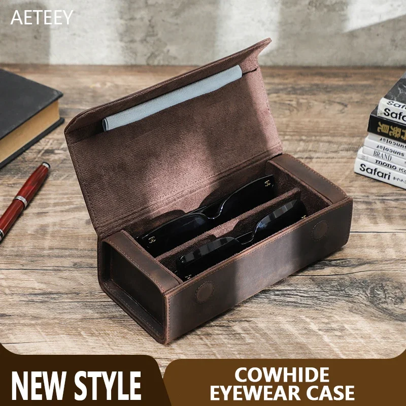 

Customizable Logo Cowhide Rectangular Eyewear Case Two Slots Handmade Magnetic Buckle Eyewear Glasses Organizer Storage Case Box