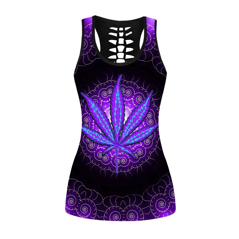 Women Sport Vest Leaf Print Sleeveless Shirts Oversized Yoga Tops Hollow Out Undershirt Quick Dry Gym Workout Tank Top Female