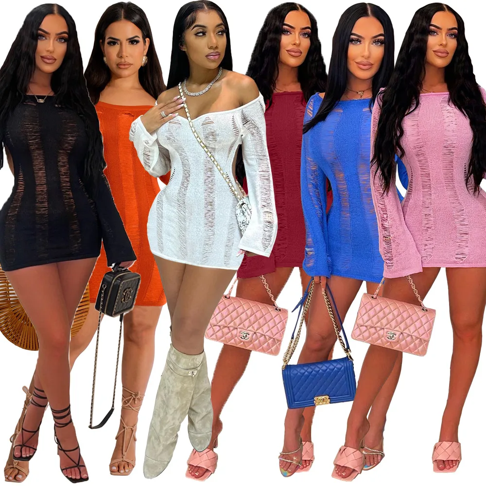 

Aniow Long Sleeve Hollow Out Knit Mini Dress Sexy Backless Party Dresses Summer Spring Street Women Elegant Vestidos Clothing