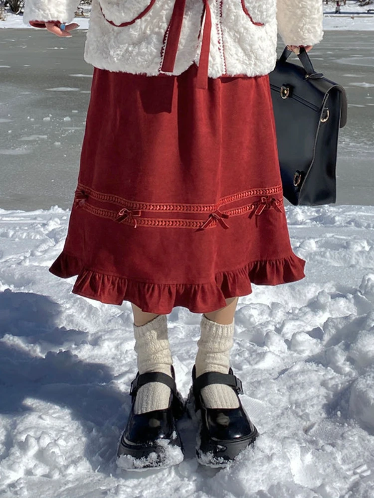 

Red Elastic Korean Sweet Midi Skirt Women Bow Corduroy Elegant Kawaii Skirt Female A-line France Skirt Warm Autumn Winter 2024