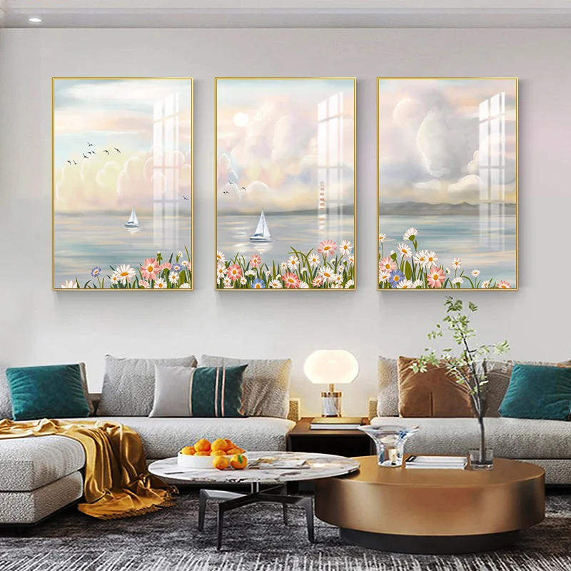 

room decoration painting, minimalist modern sofa background wall, sea view, small and fresh wall, triptych mural,