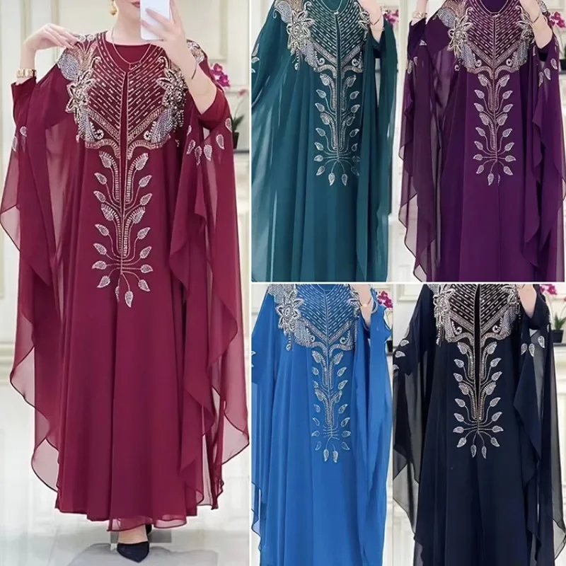 Dress Chiffon Heavy Embroidery Hot Drilling Robe Muslim Women's Wear Islamic Clothing for Women Ramadan Eid  Muslim Dress Dubai