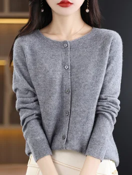 Femmes pull en cachemire 100% laine mérinos tricoté Cardigan automne hiver tricots col rond femme couleur unie décontracté haut tendance